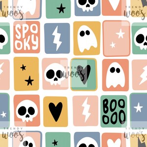 May include: A seamless pattern featuring a variety of Halloween-themed illustrations, including ghosts, skulls, stars, hearts, lightning bolts, and the words "Spooky" and "Boo Boo". The illustrations are in black and white and are set against a background of pastel colors.