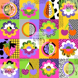 May include: A colourful, geometric pattern featuring various fruits and flowers. The design includes a papaya, a lemon, a cherry, a strawberry, and several stylised flowers. The background is a mix of black, white, yellow, pink, green, and blue.