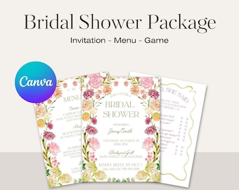 Bridal Shower Party Bundle | Editable Invitation + Menu + He Said/She Said Game | Download Template