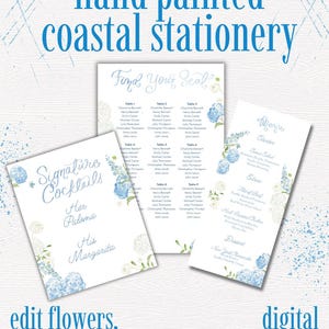 Könnte beinhalten: Drei weiße Schreibwarenkarten mit handgemalten Illustrationen von blauen Hortensien und weißen Blumen. Die Karten zeigen Text, darunter "hand painted coastal stationery," "Find Your Seat," "Signature Cocktails" und "Menu" mit verschiedenen Speisen.