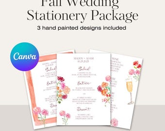 Hand Painted Watercolor Wedding Menu Pack (Rehearsal + Wedding Dinner Menus and Bar Sign)