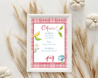 Watercolor Lobster Cocktail Sign: Coastal Bar Menu (Digital Download)