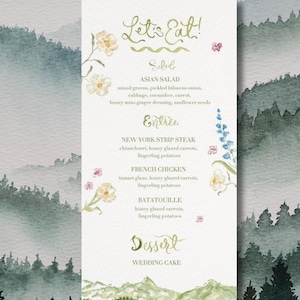 Peut inclure: Un modèle de menu d'événement vertical avec des illustrations à l'aquarelle peintes à la main de fleurs jaunes et bleues, de chaînes de montagnes vertes et de forêts. Le texte inclut "Let's Eat!", "Salad", "Entrée", "Dessert" et une liste de plats.