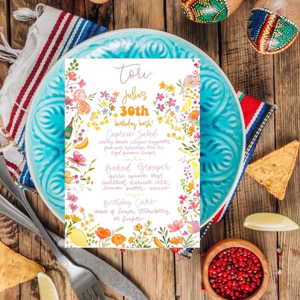 Watercolor Wedding Menu (Digital or Shipped)