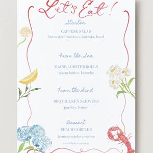 May include: A menu card with the text "Let's Eat!" in red script. The menu includes Caprese Salad, Maine Lobster Rolls, BBQ Chicken Skewers, and Peach Cobbler. Floral and seafood illustrations decorate the card.