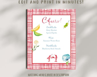 Whimsical Lobster Cocktail Menu – Nantucket-Inspired Editable and Printable Bar Sign with Coastal Nautical Theme