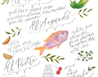 Custom Calligraphy Wedding Watercolor Menu - Hand Painted (Digital or Shipped)