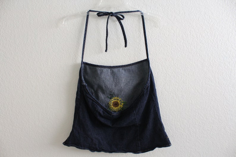 spring upcycled summer green embroidery flower sunflower embroidered shirt denim Embroidered halter top thrifted yellow
