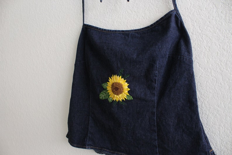 spring upcycled summer green embroidery flower sunflower embroidered shirt denim Embroidered halter top thrifted yellow