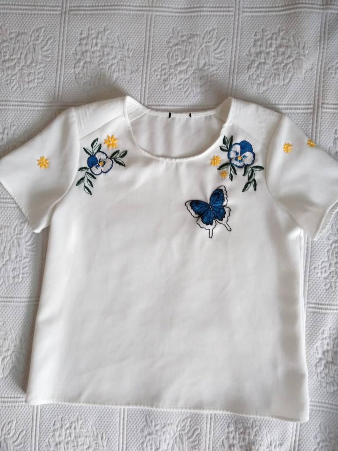 Embroidered Butterfly Shirt, White, Blue, Butterfly, Short Sleeve ...