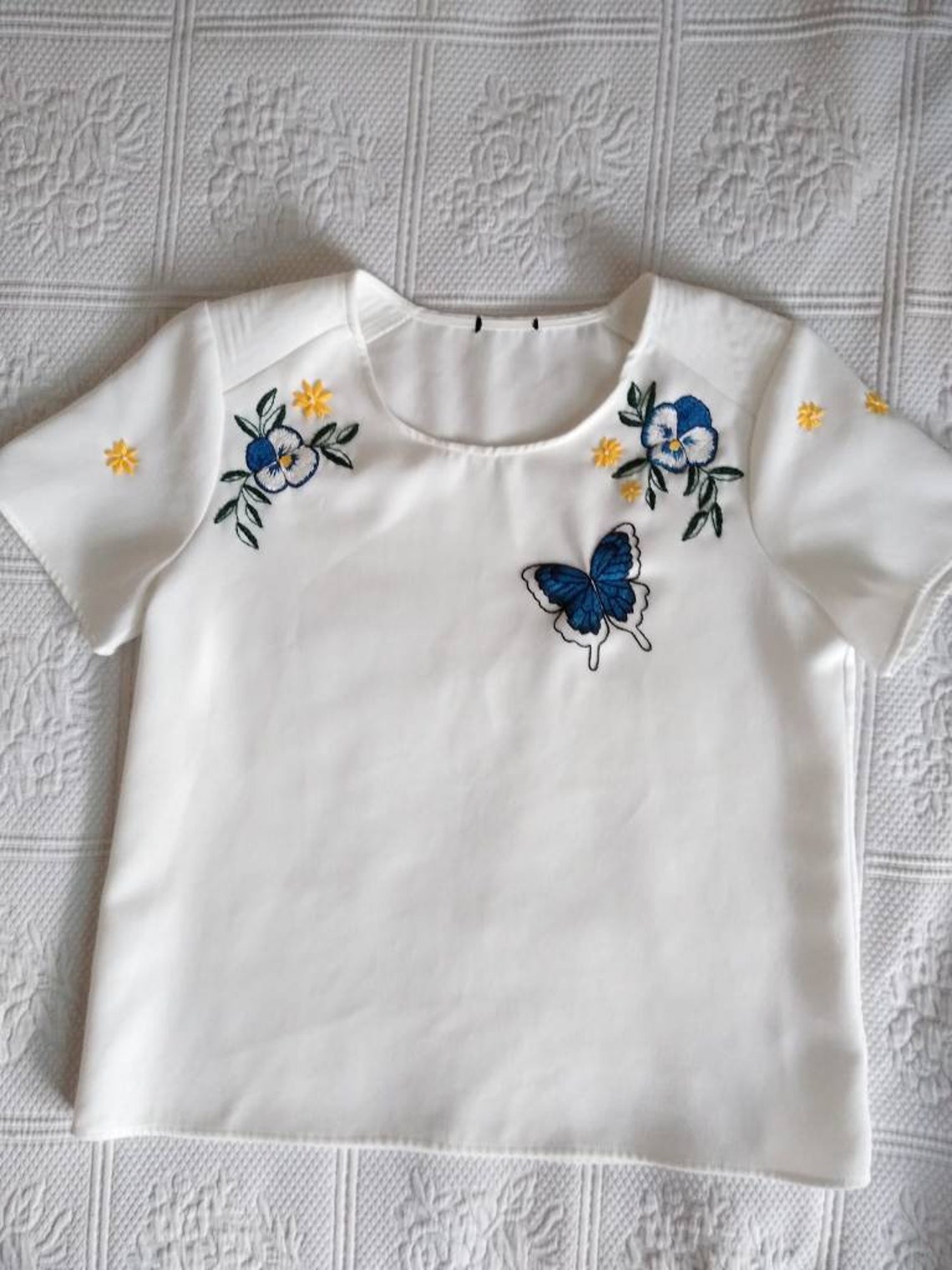 Embroidered Butterfly Shirt, White, Blue, Butterfly, Short Sleeve