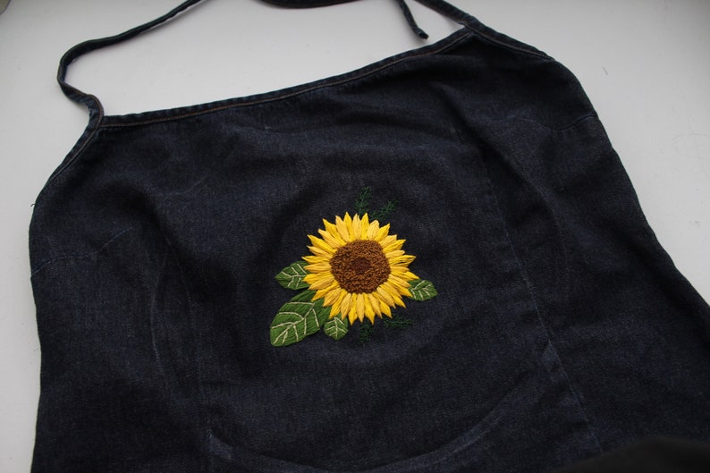 spring upcycled summer green embroidery flower sunflower embroidered shirt denim Embroidered halter top thrifted yellow