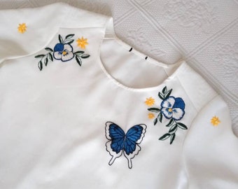 Embroidered butterfly shirt, white, blue, butterfly, short sleeve, thrifted, spring, summer