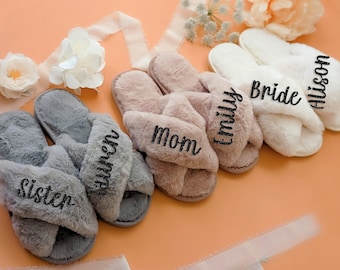 Bride Slippers Fluffy Slippers for Bridesmaid Proposal Fuzzy Slippers for for her Personalized Bride Gift for wife Gift for mom (Slippers)