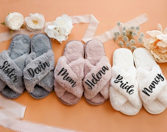 Fluffy Bride Bridesmaid Slippers for Bachelorette Party Gifts for Bridesmaid Proposal Bridal Shower Bridal Party Gift for Her (Slippers)