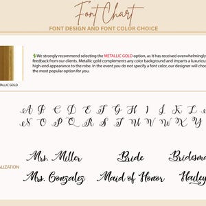 May include: Font chart showing font design and color choices. Includes a sample of metallic gold, a full alphabet in a cursive font, and examples of personalization options such as "Mrs. Miller", "Bride", and "Bridesmaid".