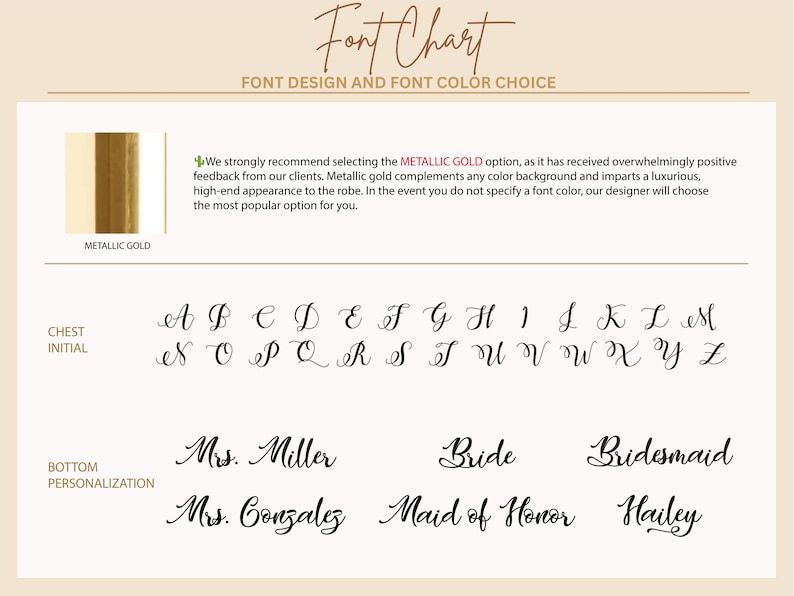 May include: Font chart showing font design and color choices. Includes a sample of metallic gold, a full alphabet in a cursive font, and examples of personalization options such as "Mrs. Miller", "Bride", and "Bridesmaid".