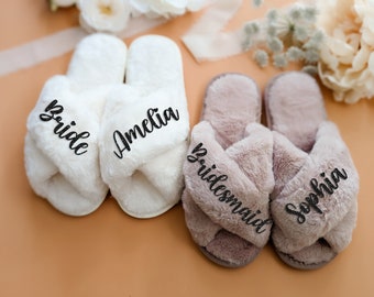 Bride Slippers Fluffy Slippers for Bride Personalized Slippers for Bridesmaid Gift for her Bridal Shower Gift Mothers Day Gift (Slippers)