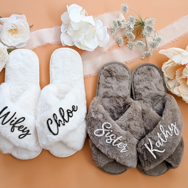 Fluffy Bride Bridesmaid Slippers for Bachelorette Party Gifts for Bridesmaid Proposal Bridal Shower Bridal Party Gift for Her (Slippers)