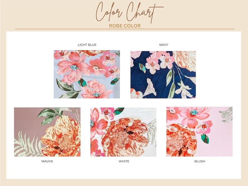 Puede incluir: Carta de colores que muestra diferentes colores de bata con estampados florales. Los colores son azul claro, azul marino, malva, blanco y rubor.