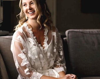 Lace Bridal Robe | Bride Robe | Bridesmaid Robe| Bridal Party Lace Bridal Shower Robe| Wedding Getting Ready Robe ( LEAF Bridal Robe )