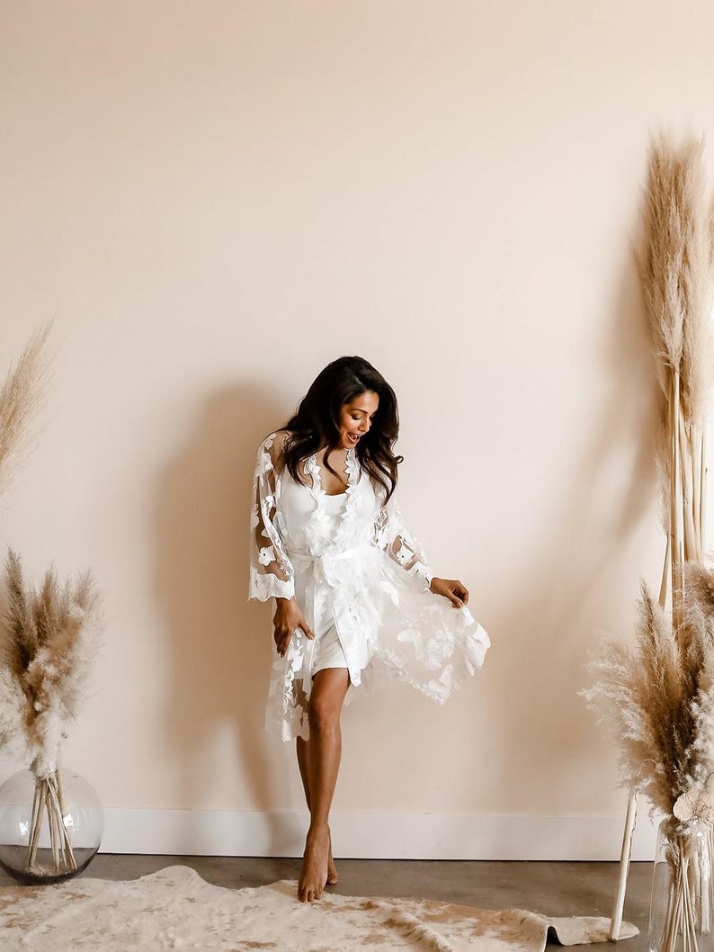 Lace Bridal Robe | Bride Robe | Bridesmaid Robe| Bridal Party Lace Bridal Shower Robe| Wedding Getting Ready Robe ( LEAF Bridal Robe ) image 5