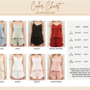 May include: Color chart showing a variety of satin pajama sets in colors like dusty blue, sage, black, and burnt orange. The chart includes bust, waist, and hip measurements in inches for sizes S to XXL. The text says to size up for a relaxed fit.