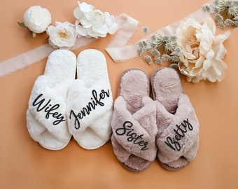 Gifts for her Custom Fluffy Bridesmaid Slippers for Wedding Bachelorette Party Gifts Bride Slippers Gifts for Bridesmaid Proposal (Slippers)