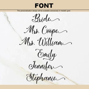Op de afbeelding: Een voorbeeld van verschillende lettertypen in een cursief schrift. De tekst bevat de woorden "Bride", "Mrs. Coope", "Mrs. William", "Emily", "Jennifer" en "Stephanie".