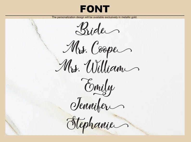 Op de afbeelding: Een voorbeeld van verschillende lettertypen in een cursief schrift. De tekst bevat de woorden "Bride", "Mrs. Coope", "Mrs. William", "Emily", "Jennifer" en "Stephanie".