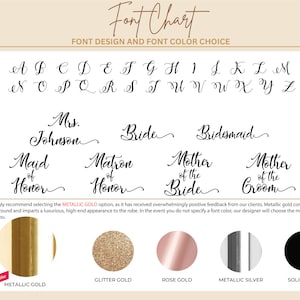 Puede incluir: Tabla de fuentes para la personalizaci&oacute;n de batas con diferentes estilos de fuente y opciones de color. Las opciones incluyen oro met&aacute;lico, oro brillante, oro rosa, plata met&aacute;lica y negro s&oacute;lido.