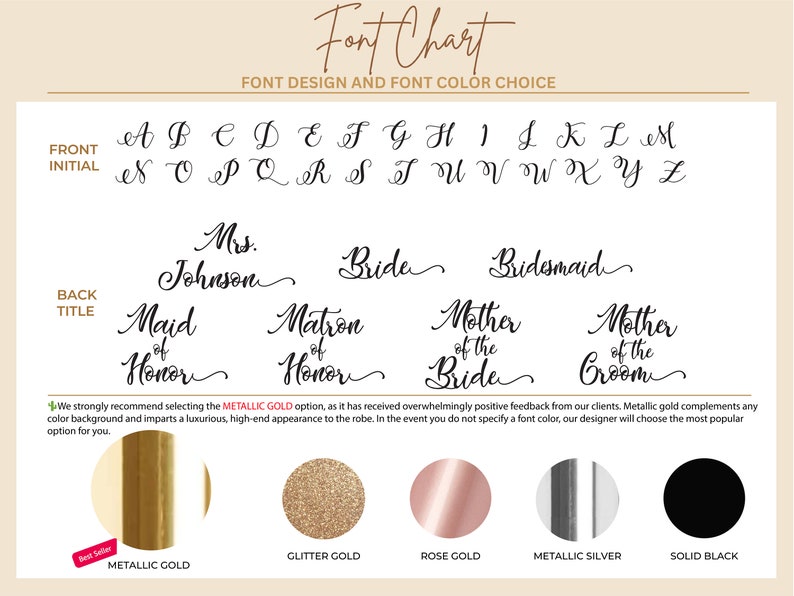 Puede incluir: Tabla de fuentes para la personalizaci&oacute;n de batas con diferentes estilos de fuente y opciones de color. Las opciones incluyen oro met&aacute;lico, oro brillante, oro rosa, plata met&aacute;lica y negro s&oacute;lido.