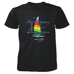 May include: Black t-shirt with a line drawing of a sailboat with a rainbow sail. The drawing is labeled "FIG. 1" and "FIG. 3". The text "INVENTOR HOBART L. ALTER Dec. 27, 1972 August 8, 1973" is below the drawing.
