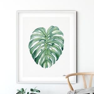 Monstera Watercolor Painting, Monstera Leaf Print, Tropical Botanical Plant Wall Decor, Green Houseplant Painting, Living Room Wall Decor