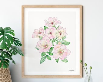 Pink Roses Watercolor Flower Painting, Floral Watercolor Wall Art Print, Nursery Wall Decor, Botanical Home Decor