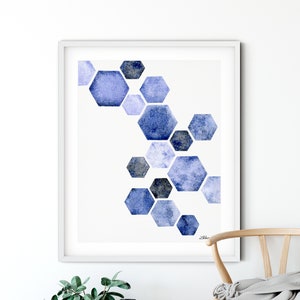 Blue Hexagon Watercolor Painting, Abstract Hexagon Art Print, Boho Home Decor, Blue Wall Decor, Geometric Watercolor Home Decor