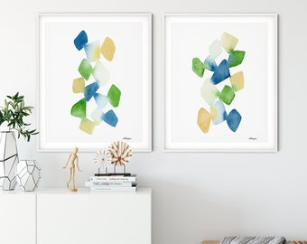 Abstract Prints Set of 2, Blue and Green Abstract Watercolor Painting, Modern Art, Home Decor Wall Art, Minimalist Art