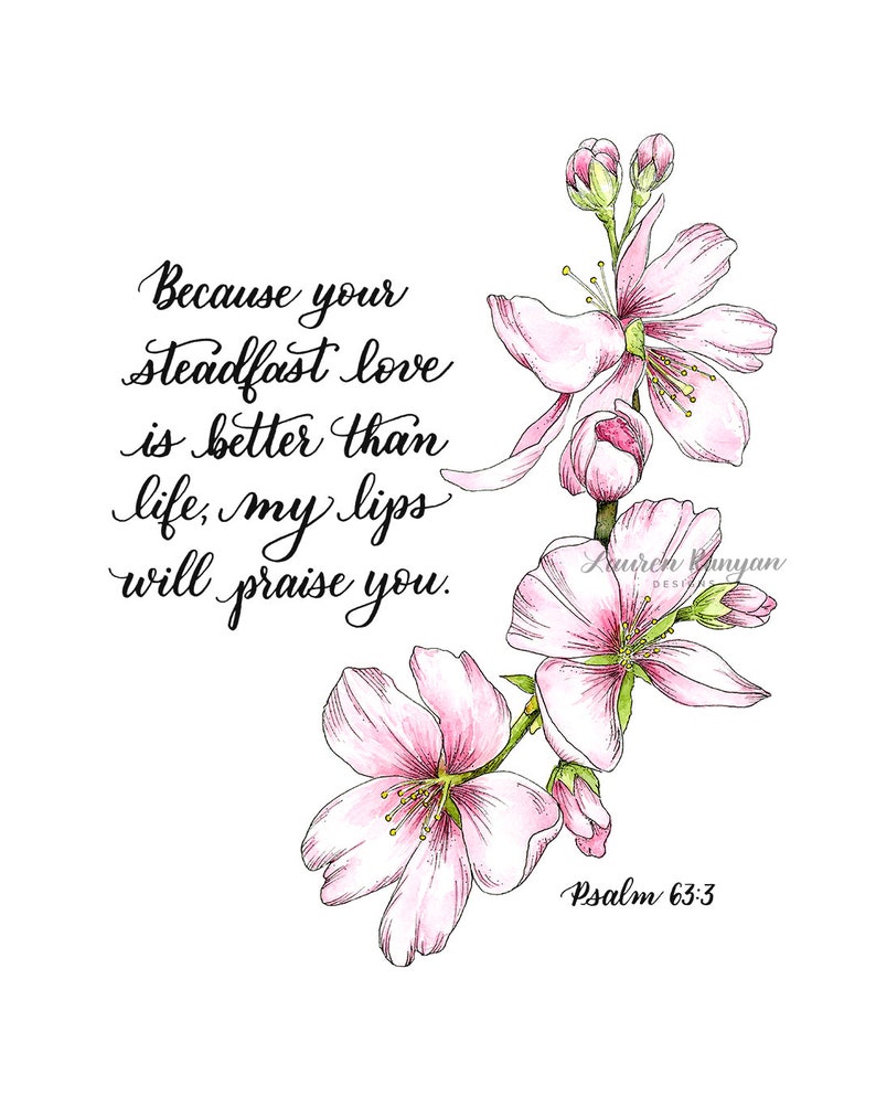 Psalm 633 Pink Cherry Blossom Watercolor Painting, Cherry Blossom