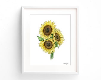 Sunflower Watercolor Bouquet Painting, Sunflower Wall Art, Sunflower Watercolor Illustration, Sunflower Kitchen Art Print