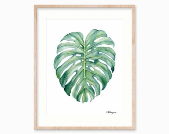 Monstera Leaf Watercolor Print: Tropical Green Plant Wall Art, Botanical Wall Decor