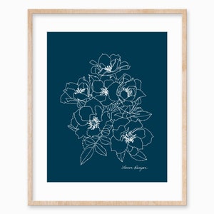 Navy Botanical Floral Art Print Wall Decor, Blue Floral Rose Wall Art, Rose Bouquet Art Print