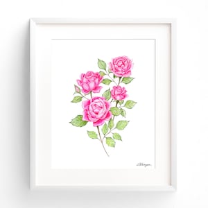 Pink Rose Watercolor Painting: Floral Wall Art Print