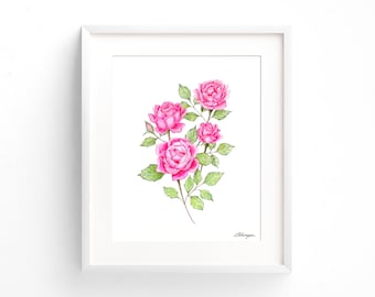 Pink Rose Watercolor Painting, Floral Wall Art Print, Nursery Room Decor, Botanical Wall Decor