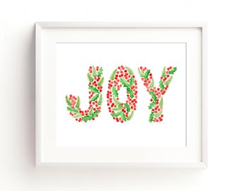 Joy Holiday Watercolor Christmas Art Painting, Holiday Botanical Watercolor Painting, Holiday Wall Decor Print, Christmas Wall Decor