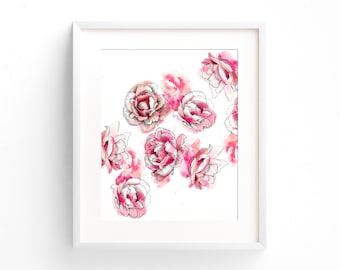 Roses Watercolor Painting, Pink Roses Wall Art, Botanical Print Floral Illustration, Pink Nursery Wall Decor