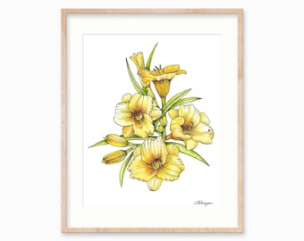 Lámina de acuarela de lirios amarillos, lámina floral botánica de lirios para pared, decoración floral amarilla para el hogar, decoración para habitación infantil