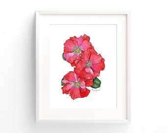 Red Rose Watercolor Painting, Red Watercolor Flowers Print Wall Art Decor, Botanical Watercolor Painting