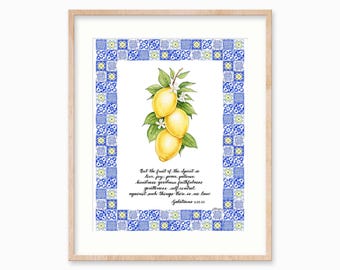 Impressão artística do Fruto do Espírito, Gálatas 5:22, Amor, Alegria, Paz, Presente das Escrituras, Decoração Cristã para Casa, Azulejo de Limão Mediterrâneo, Arte em Aquarela