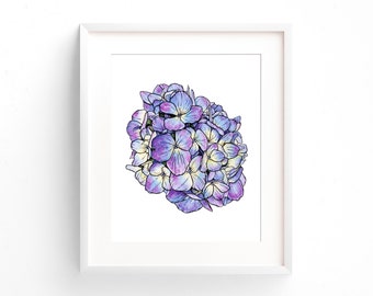 Purple Hydrangea Watercolor Painting, Floral Wall Art, Botanical Watercolor Art Print, Hydrangea Painting, Nursery Wall Decor