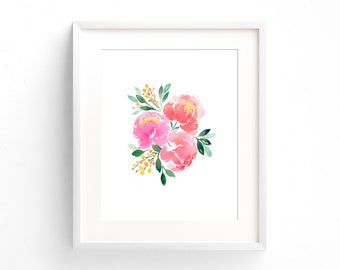 Peony Watercolor Painting, Pink Peonies Floral Wall Art Print, Floral Wall Decor, Nursery Wall Decor